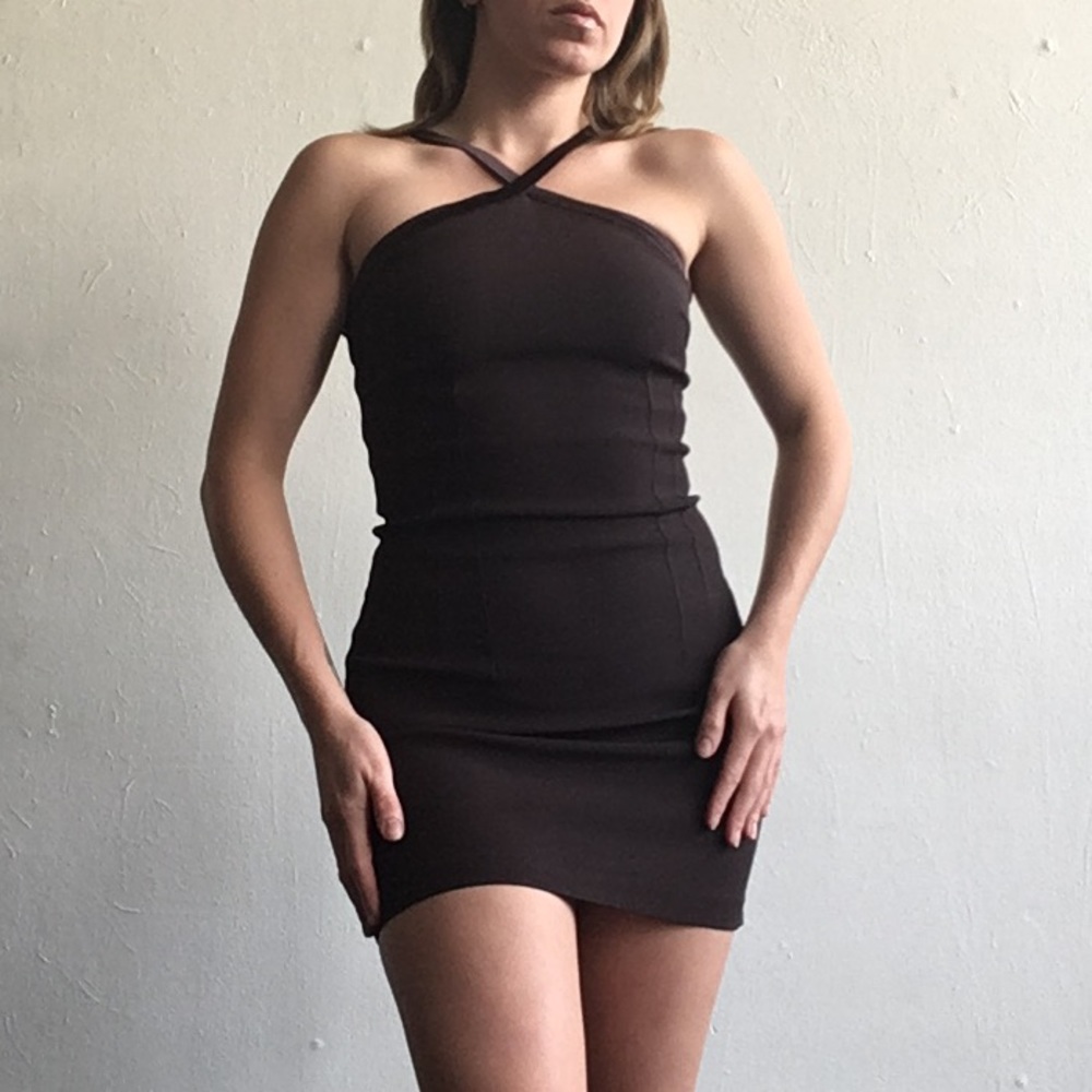 90s cross neck bodycon cocktail dress